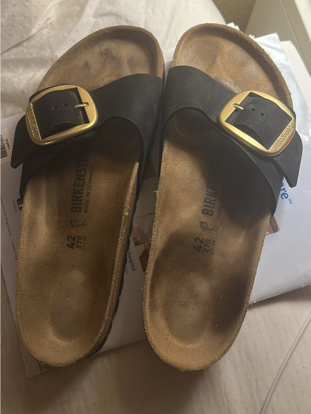 Birkenstock Single Strap Sandals in Black with Gold Buckles